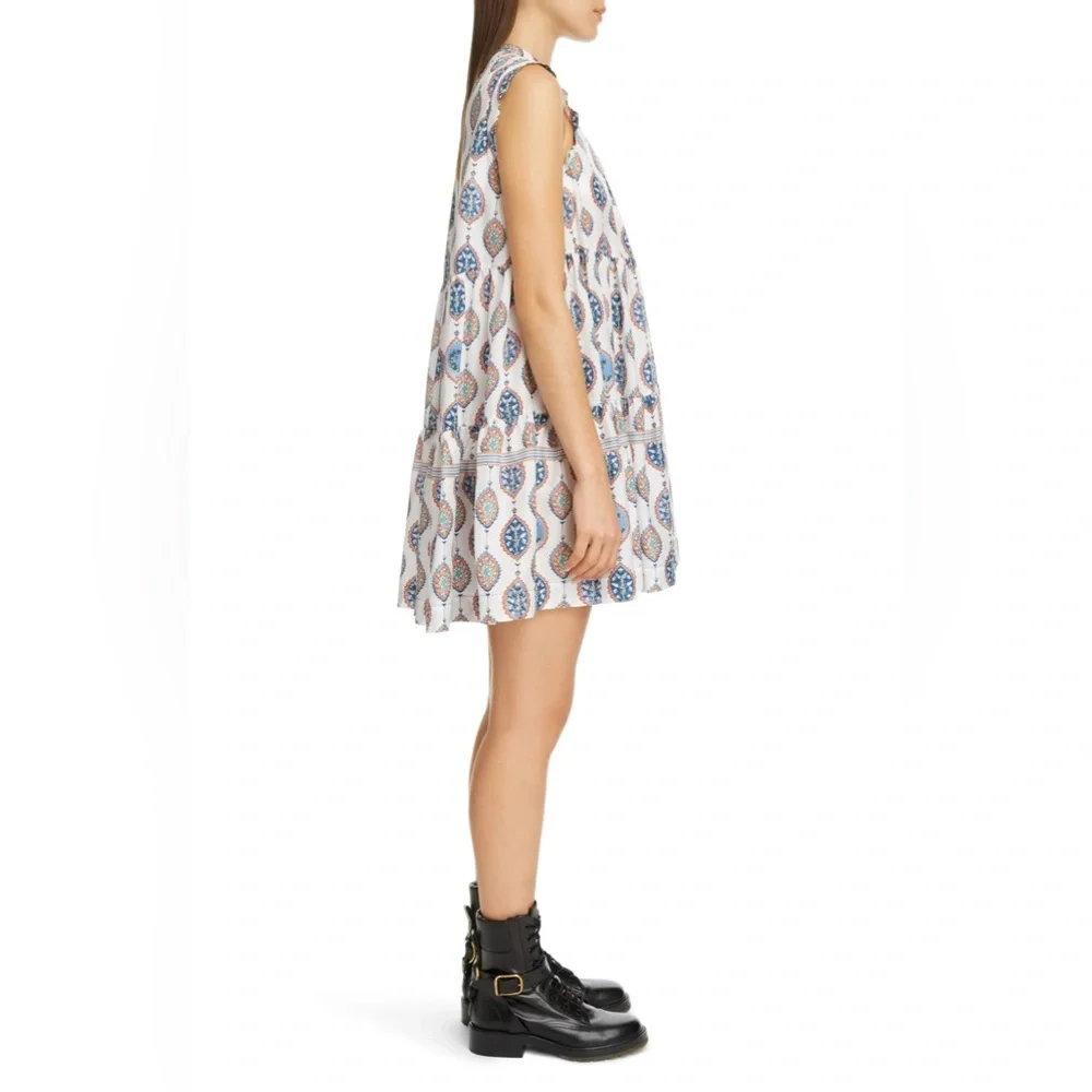CHLOÉ Tiered Ceramic Print Babydoll Silk Mini Dress Paisley White Blue Sz 42 10 - Picture 6 of 11